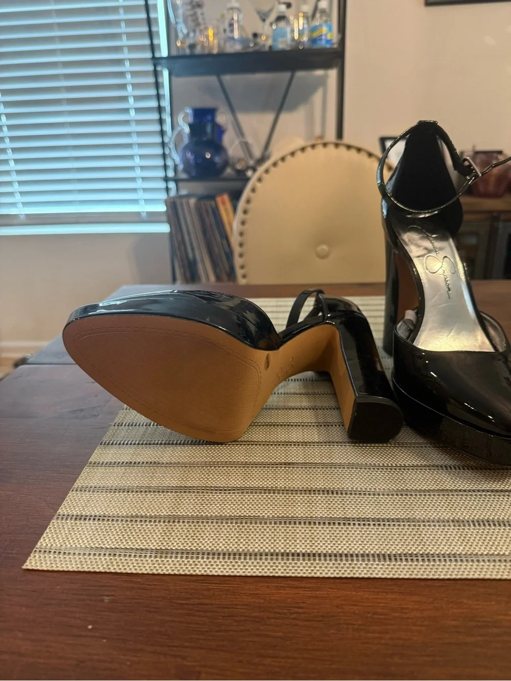 Jessica Simpson Black Patent Pointed-Toe Ankle-Strap Heels
